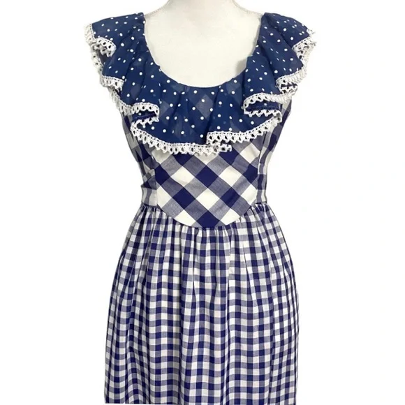 Vintage 70s Blue Gingham Maxi Dress White Checkered Prairie Dress Plaid Long - Picture 6 of 14